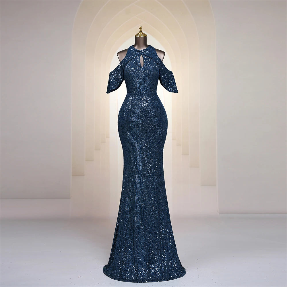 Sparkling Navy Cold-shoulder Sequin Gown Dress on Luulla