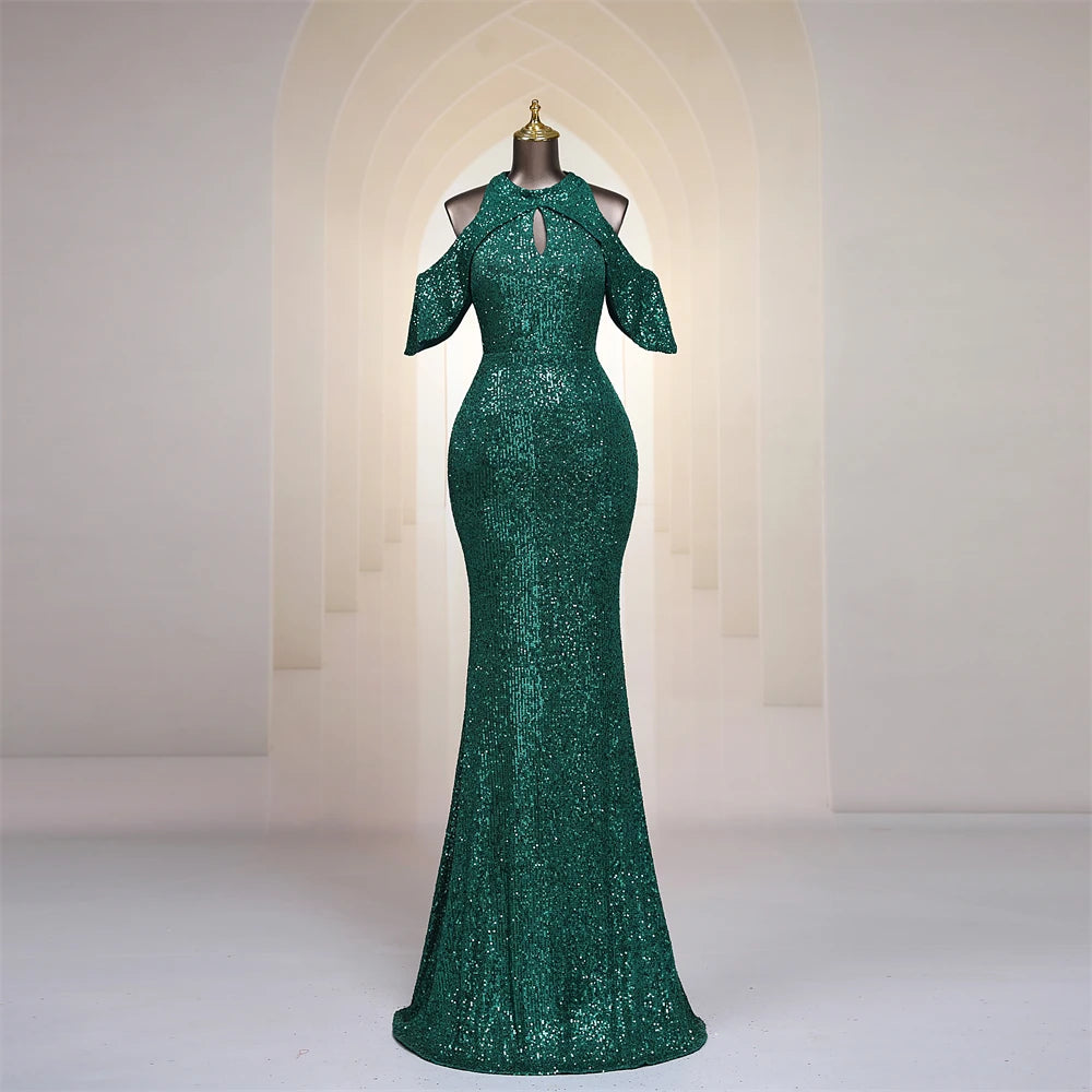 Sparkling Green Sequin Cold-shoulder Evening Gown on Luulla