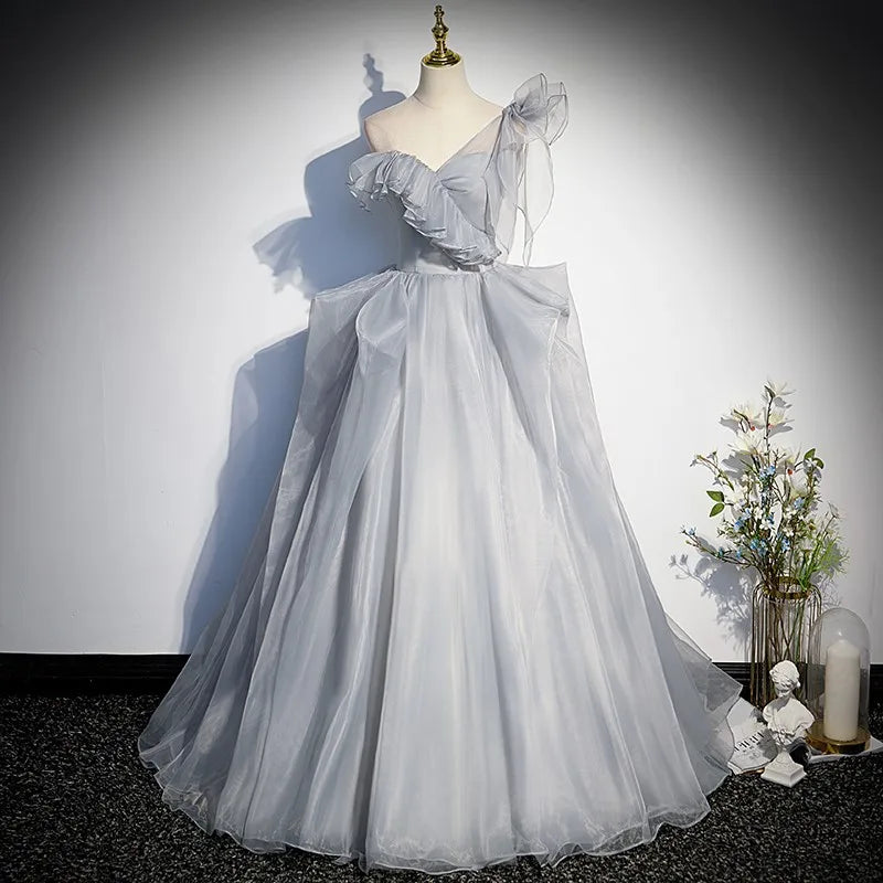 Ethereal Gray Off-shoulder Tulle Gown Dress