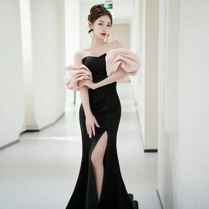 dramatic black dress Elegant Long Black Lace Sleeveless Prom Dresses Long Slit Online – Ballbella main image 1