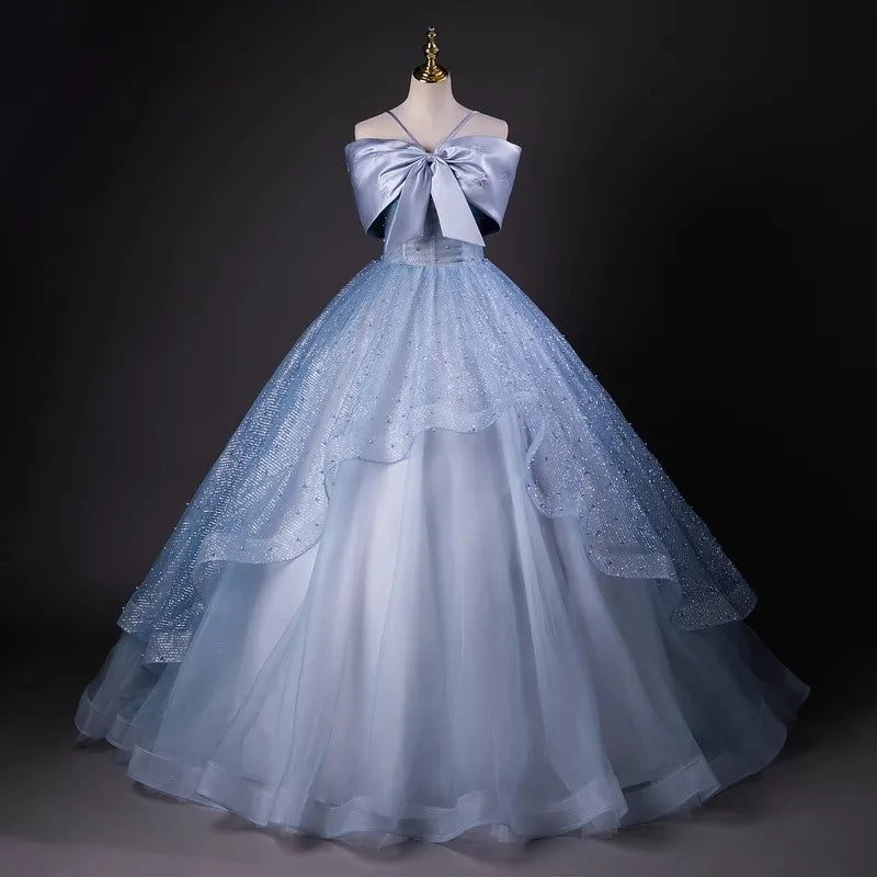 blue and tan prom dress A-Line Satin Blue Long Prom Dress, Blue Long Graduation Dress US 4 / Custom Color main image 1