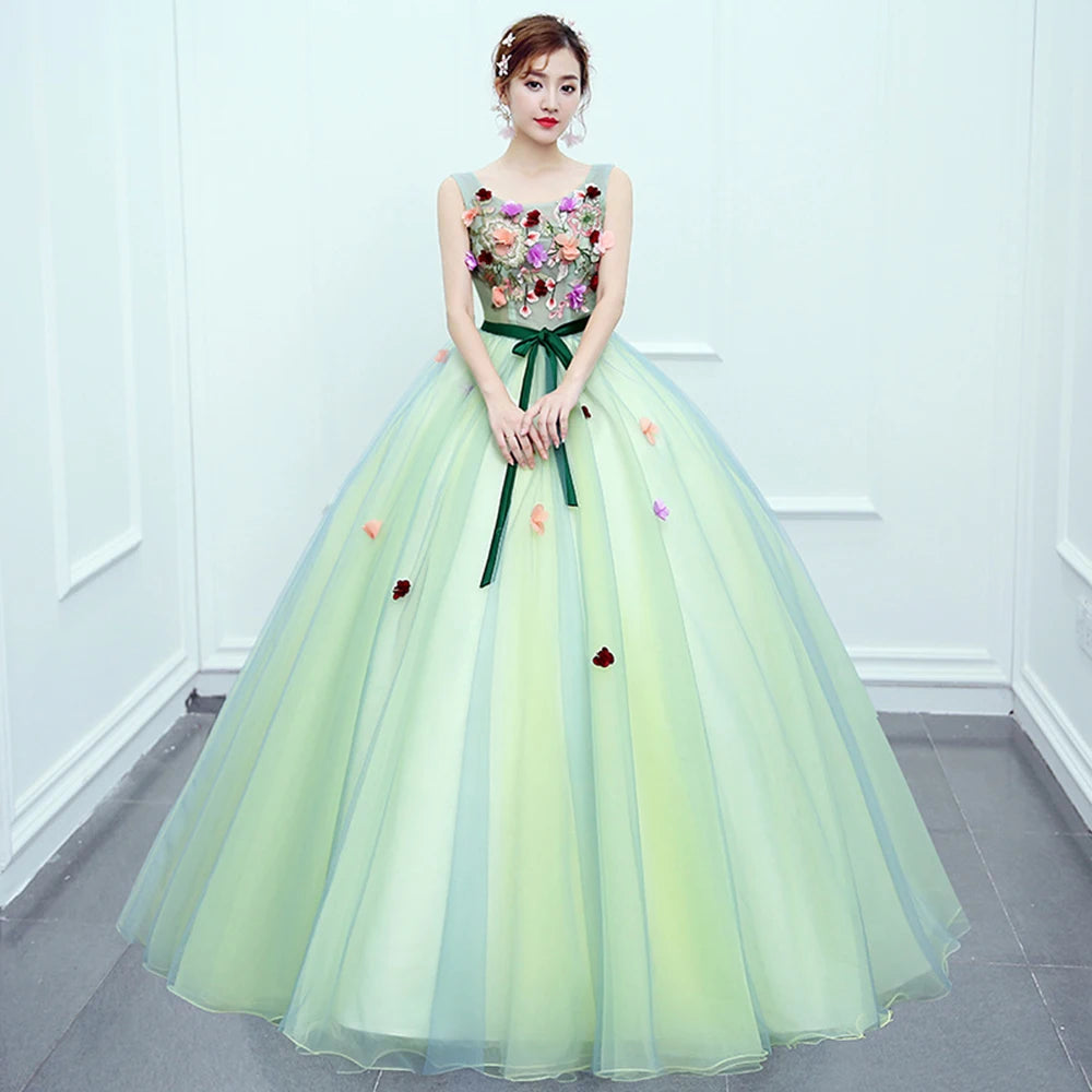 green emerald velvet dress Green Floral Applique Embroidered Scallop Finish Sleeveless Dress main image 1