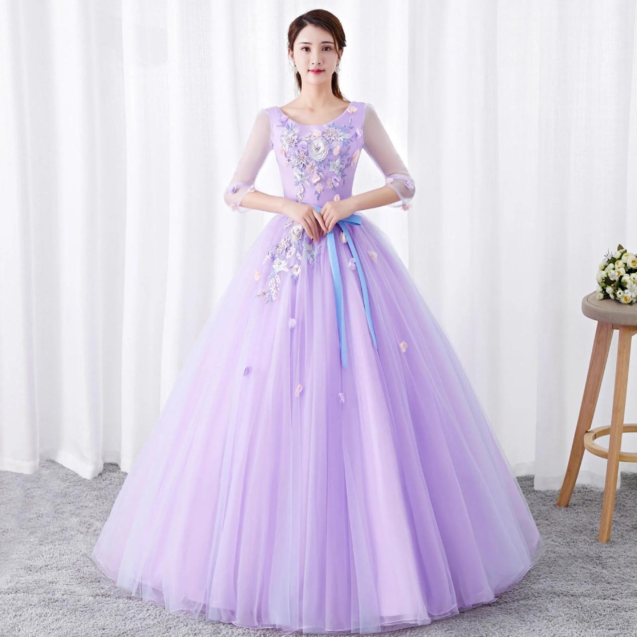Lavender Floral Embroidered Tulle Gown With Sleeves on Luulla