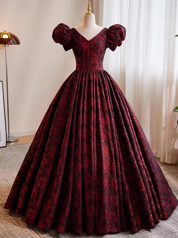 Vintage Burgundy Lace Ball Gown Dress