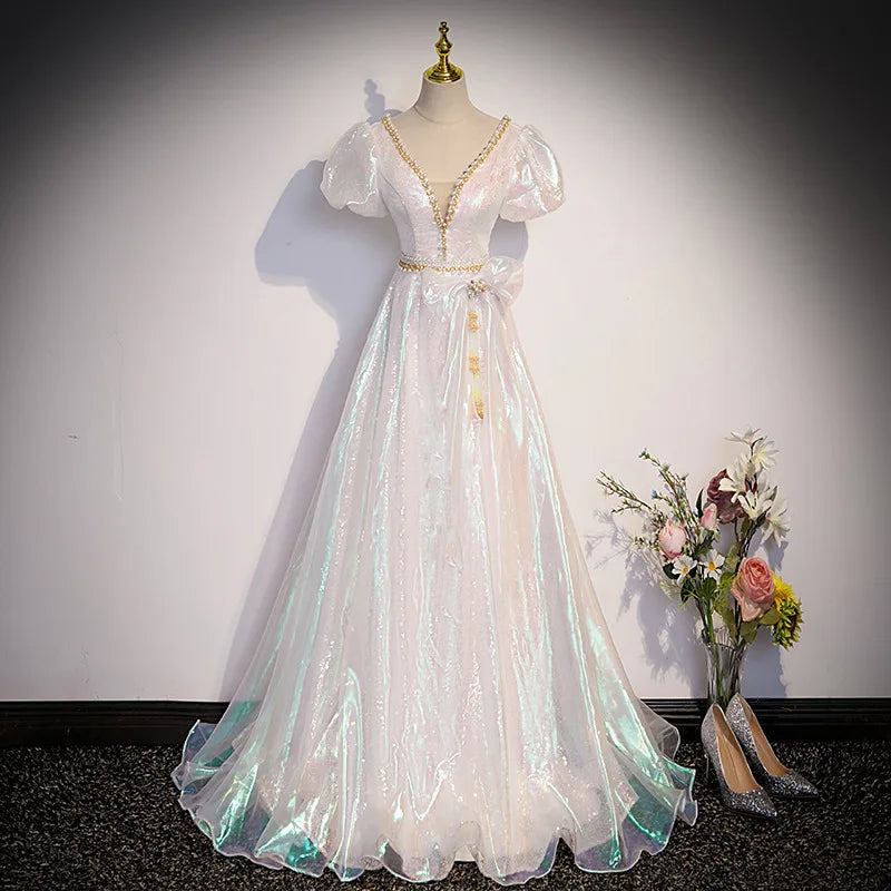 Luxurious Gown with Shimmering Iridescent Chiffon Overlay
