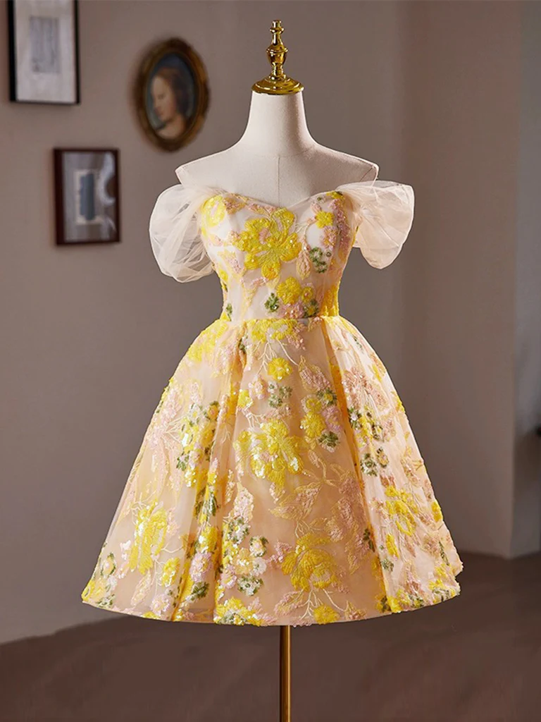 yellow prom dress short Simple yellow satin short prom dress, yellow homecoming dress  jkprom