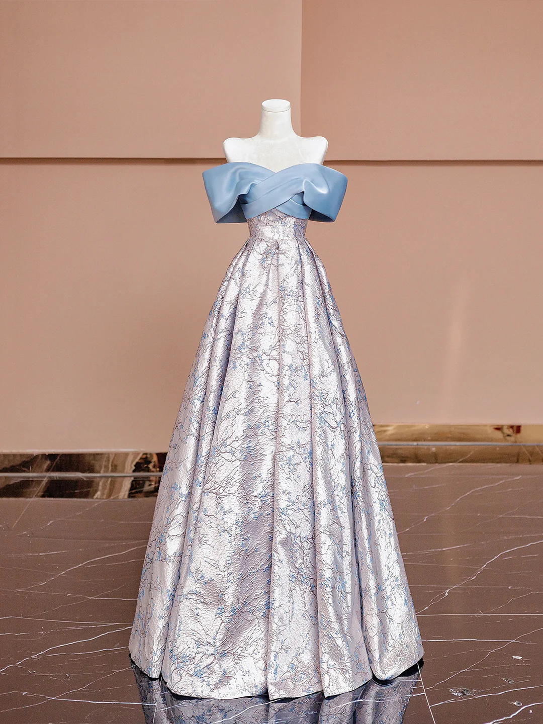 open lace back dress Classic A-line Off the Shoulder Blue Sequins Prom Dress main image 0