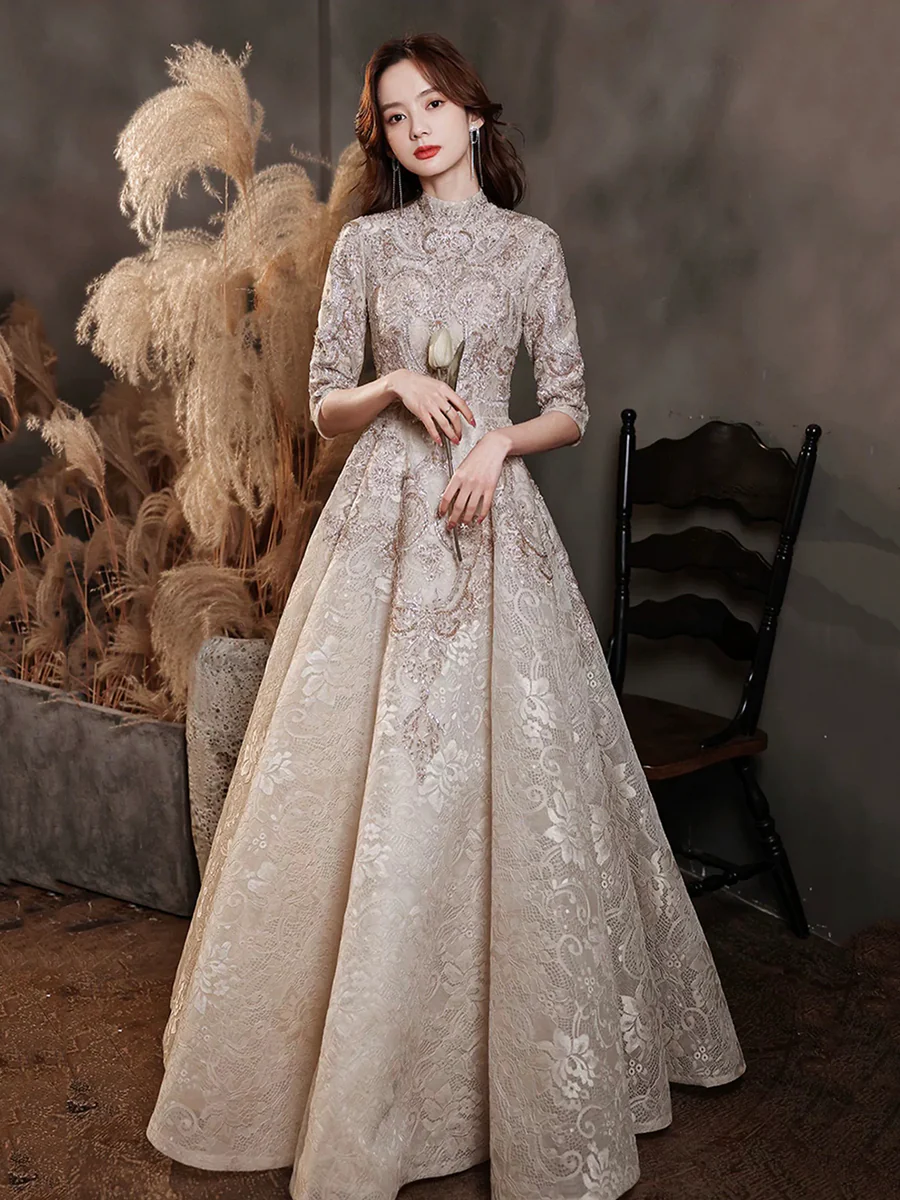Champagne Lace Vintage Style High Neck Three Quarter Sleeve Gown Champagne Lace Vintage Style High Neck Three Quarter Sleeve Gown