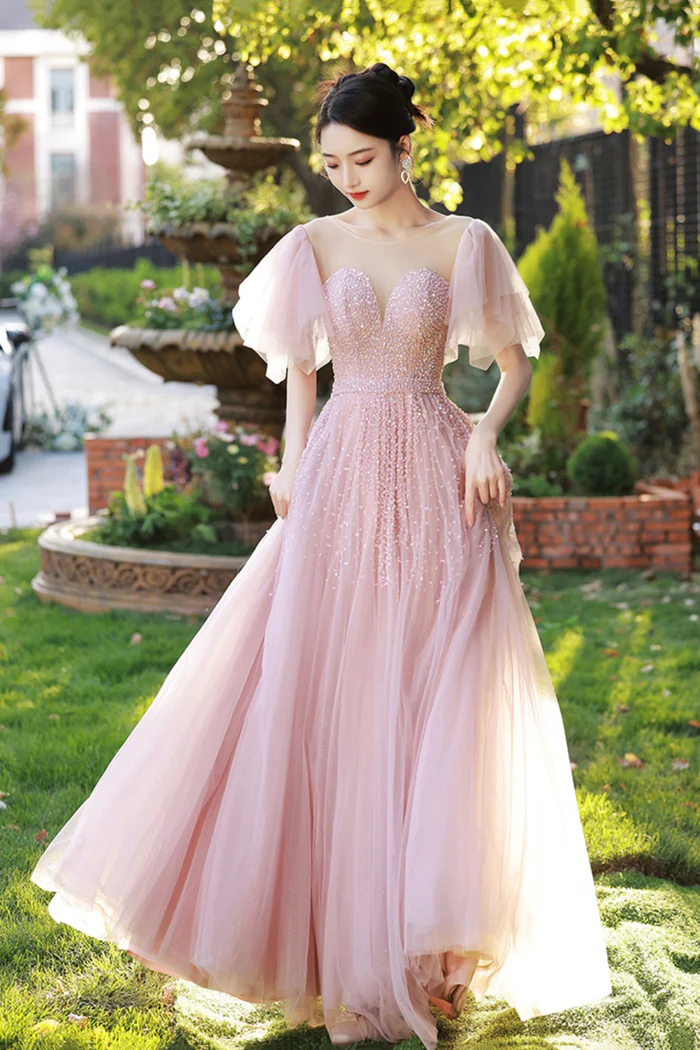 Light Pink Tulle Gown With Beaded Bodice And Flutter Sleeves