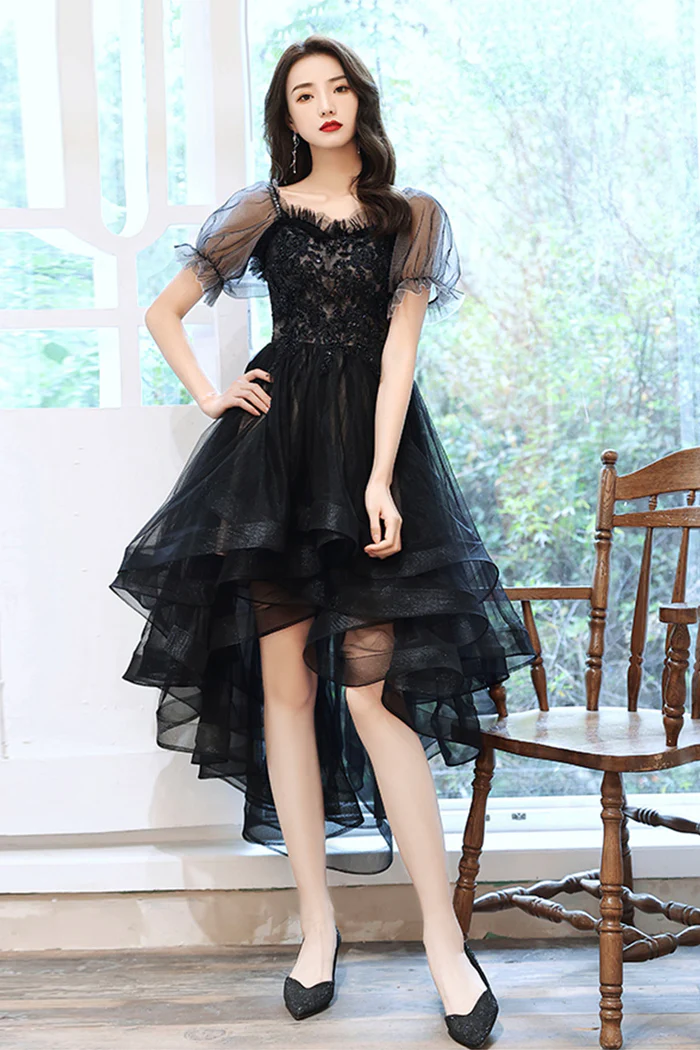 Black Tulle Lace High-low Party Dress, Cute Short Sleeve Homecoming Dress on Luulla Black Tulle Lace High-low Party Dress, Cute Short Sleeve Homecoming Dress on Luulla