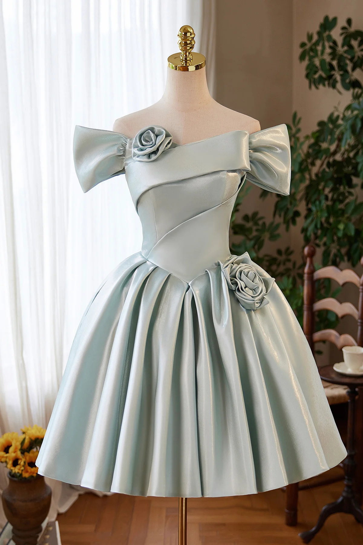 Off Shoulder Blue Satin Short Dress With Rose Detail And Pleated Skirt on  Luulla