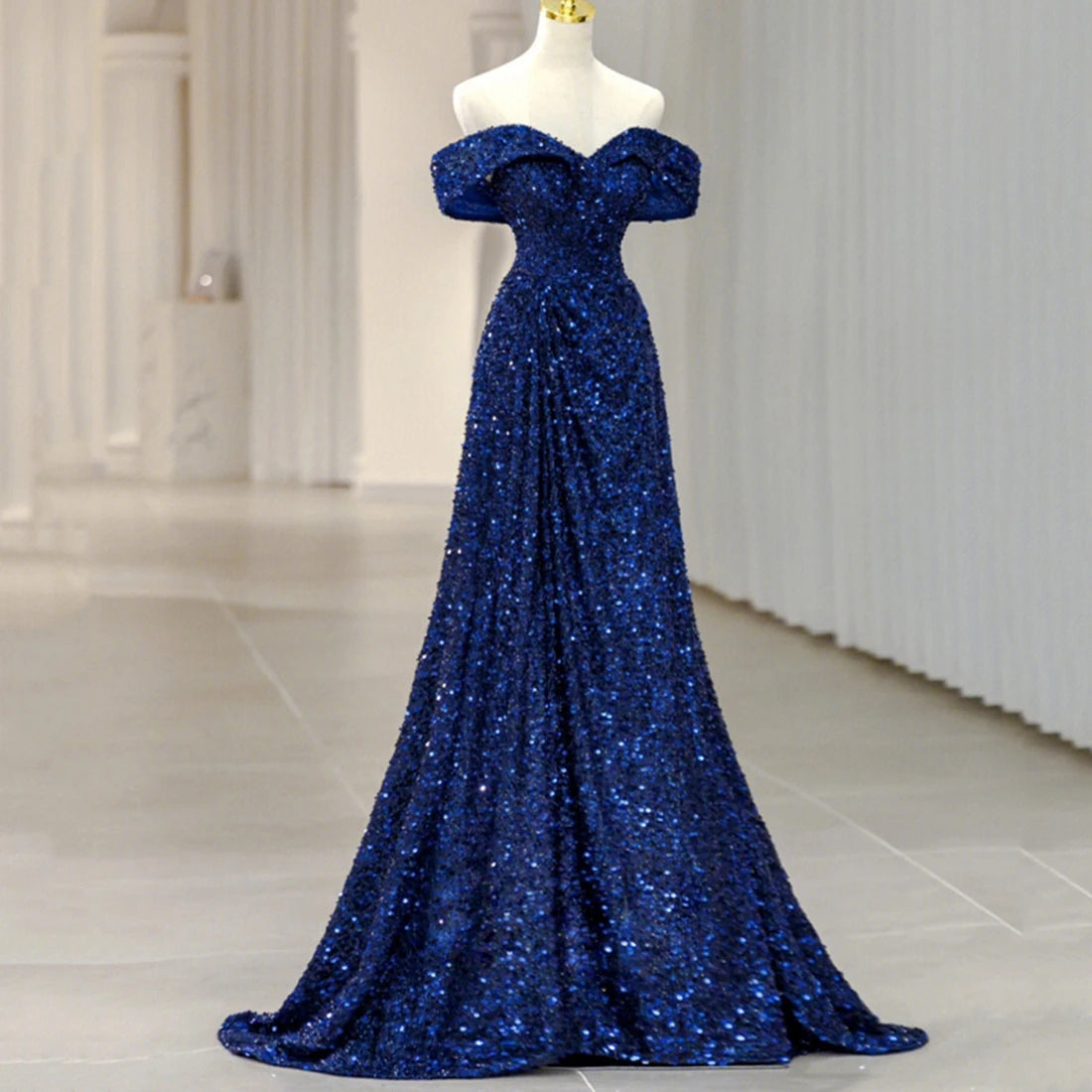 slim fit dress slacks Navy Blue Sequin Strapless A-Line Long Prom Gown – Modsele main image 0