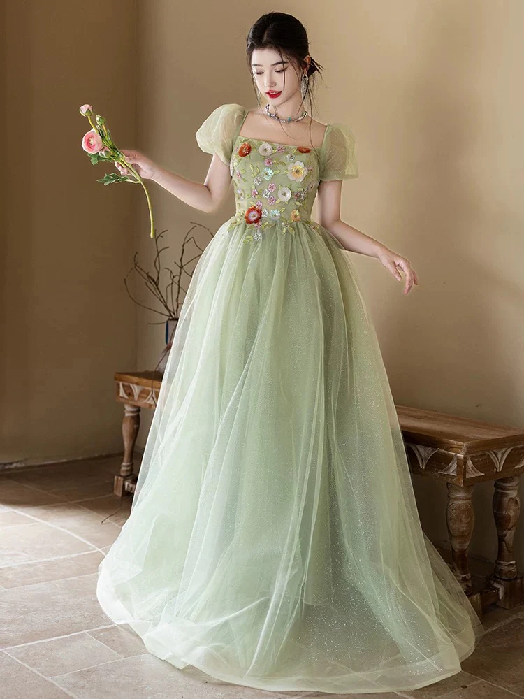 green emerald velvet dress Light Green Fruit Print Puff-Sleeve Midi Dress w/ Slit
