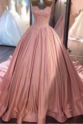 Pink Evening Dresses, Long Homecoming Dresses, Party Dresses, Applique Spaghetti Dresses, Sweep Train Prom Dresses