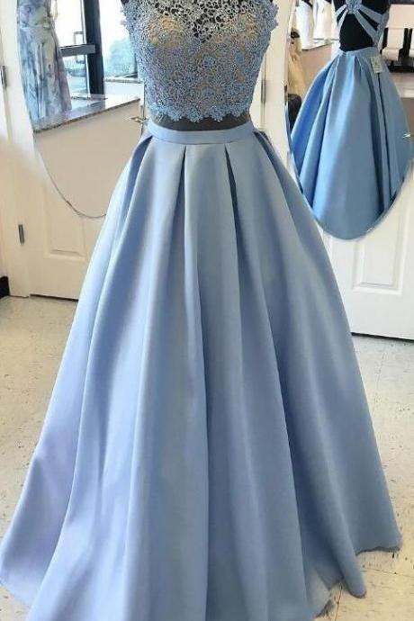 Blue Ball Gown Evening Prom Dresses Comfortable Two Piece Halter Evening Dresses With Lace Zipper Dresses