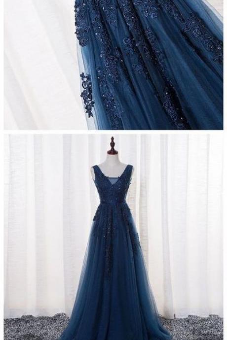 A-line V-neck Floor Length Tulle Prom Dress/evening Dress With Appliques