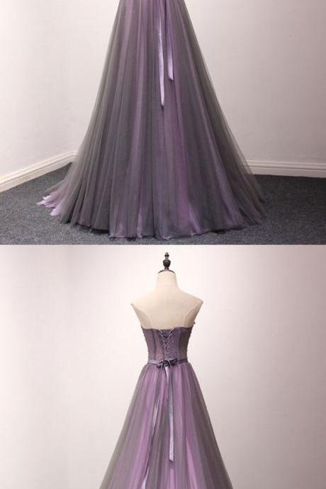 Purple Beaded Embellished Sweetheart Floor Length Tulle A-line Prom Dress Featuring Lace-up Back And Bow Accent Belt