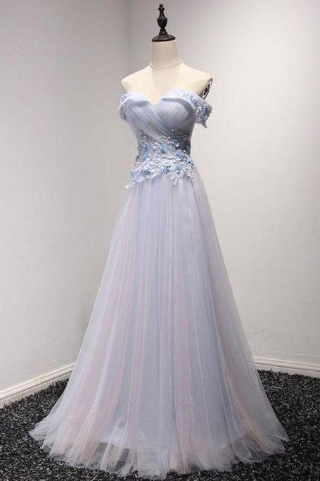 Light blue tulle strapless long prom dress, cheap evening dress