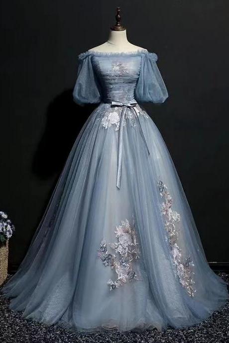 Unique Gray Blue Tulle Lace Applique Long Prom Dress, Gray Blue Evening Dress,custom Made