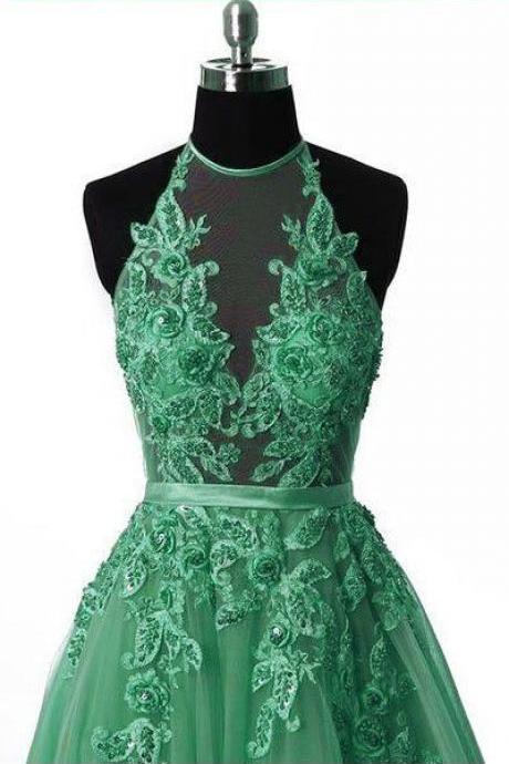Unique Tulle Lace Applique Green Long Prom Dress, Green Tulle Evening Dress