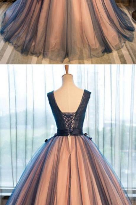 Gown Prom Dresses, Brown Ball Gown Evening Dresses, Gown Long Evening Dresses, Pretty Tulle V-neck Applique A-line Long Evening Dresses ,ball