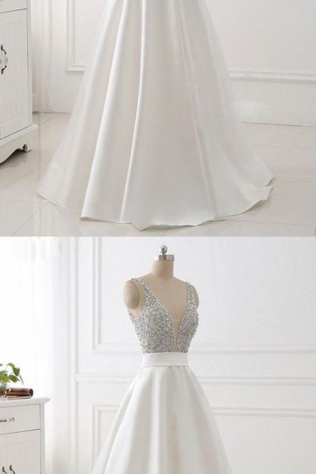 Charming White Prom Dress,deep V-neck Sexy Long Party Dress,sexy V-back Evening Gown,formal Dress