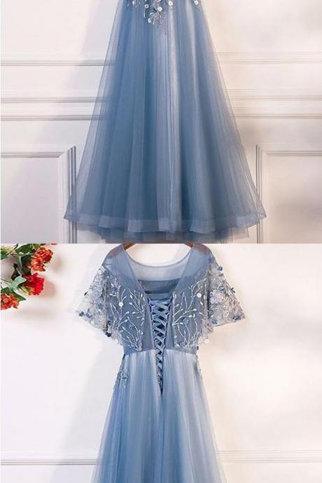 A-Line ,Crew Floor-Length, Grey ,Sleeveless, Tulle ,flowered,2018 Prom Dress with Appliques,evening dress, bridesmaid dress