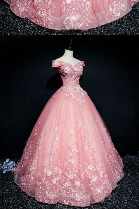 Pink ,organza, Floor Length, V Neck, Off Shoulder, Winter Formal Prom Dresses With Appliques,ball Gown Evening Dress