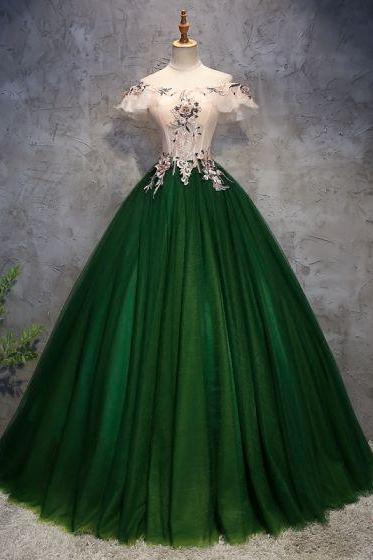 Chic / Beautiful ,Dark Green Prom Dresses , Ball Gown, Appliques ,Pearl ,Off-The-Shoulder, Backless ,Sleeveless, Floor-Length / Long Formal Dresses