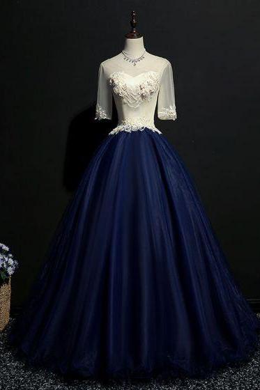 Elegant, Navy Blue Prom Dresses Ball Gown ,lace ,appliques, Scoop Neck, Backless ,1/2 Sleeves ,floor-length / Long Formal Dresses