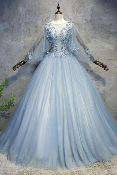 Chic / Beautiful ,sky Blue, Prom Dresses Ball Gown ,appliques ,pearl Scoop, Neck Backless ,long Sleeve, Floor-length / Long Formal Dresses