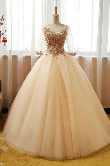 Chic / Beautiful, Champagne, Prom Dresses , Ball Gown ,v-neck, 3/4 Sleeve, Sequins ,beading ,floor-length / Long Ruffle Backless, Formal Dresses