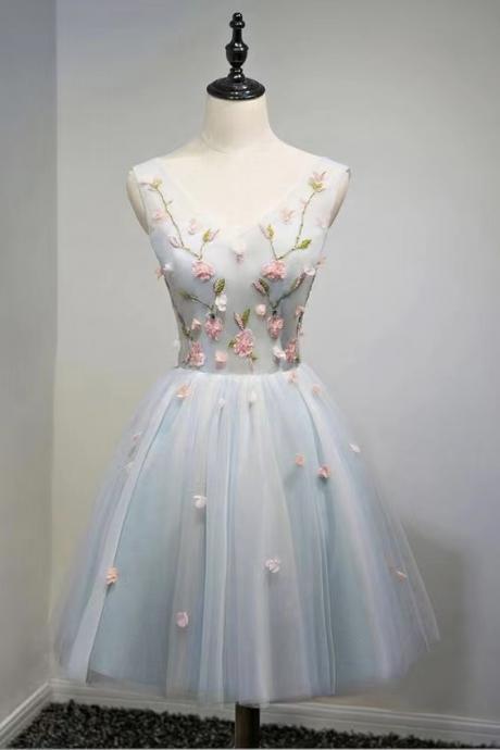 Unique ,v-neck, Dusty Blue ,tulle ,short, Prom Party Dress With Flowers,custom Made