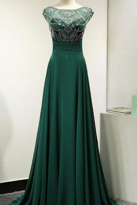 Floor Length, Chiffon, A-Lin,e Evening Dress, featuring Beaded Embellished, Bodice with Cap Sleeves ,and Bateau Neckline