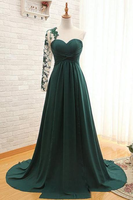Forest Green, Floor Length, Chiffon, Evening Dress Featuring ,ruched Sweetheart ,illusion Bodice ,with Lace Appliqués Sheer One Shoulde