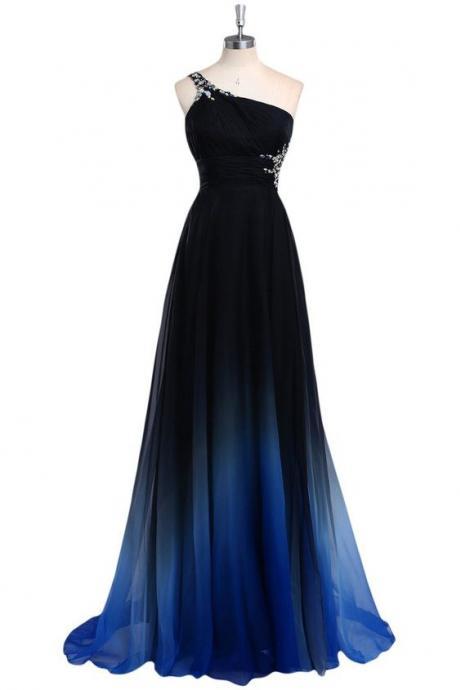 Bride Gradient Color Prom Evening Dress Beaded Ball Gown ,one Shoulder Evening Dresses