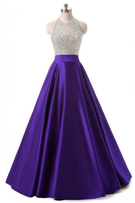 High Quality, Purple ,satin ,beaded, Long Prom Dresses ,halter ,sexy Evening Dress,ball Gowns
