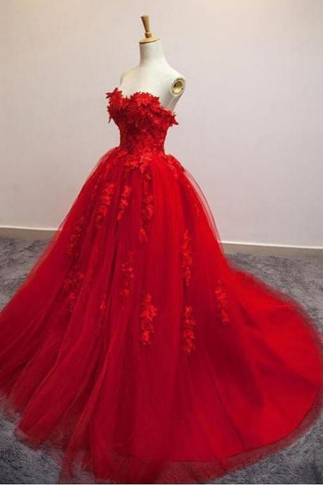 Sexy ,red, Sweetheart, Strapless, Ball Gown, Applique, Tulle, Long ,prom Dress,party Dresses Long Prom Dress, Sexy Prom Dresses ,long Prom