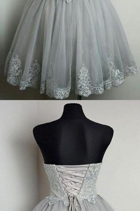 Silver ,prom Dresses, Short Prom Dresses, Strapless, Sweetheart Neck, Grey Homecoming Dresses, Lace Appliqued, Short Prom Dresses, Homecoming