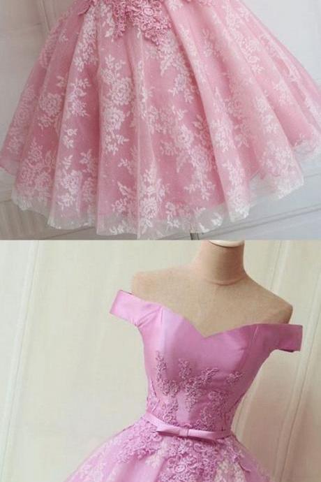 Short, A-line/princess, Prom Dresses, Pink Sleeveless ,with Bow Knot, Mini Homecoming Dresses , Sexy ,off-the-shoulder ,mini Dresses
