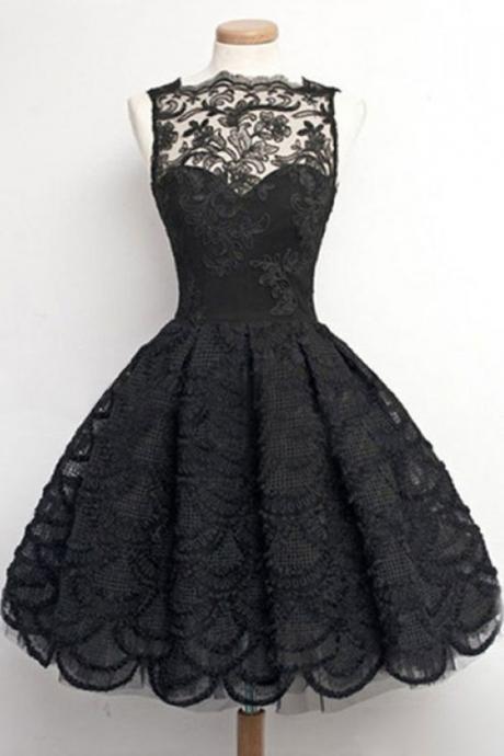 Vintage, Homecoming/prom Dress - Black Sheer Neck With Lace , Short Evening Gowns