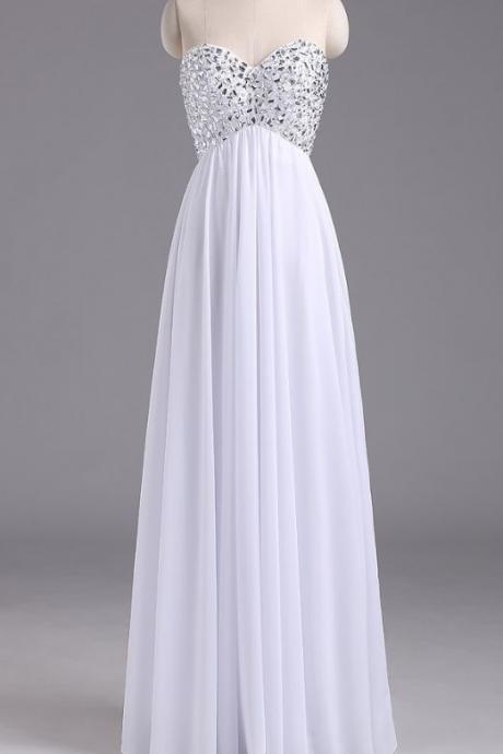 Sleeveless, White Long ,chiffon Gown , Crystal Evening Gown , Evening Gowns,prom Dresses