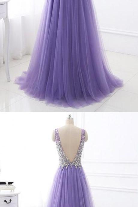 Purple Tulle ,v Neck ,silver Beaded ,long Evening Dress, Purple Halter, Prom Dress, Formal Evening Gowns