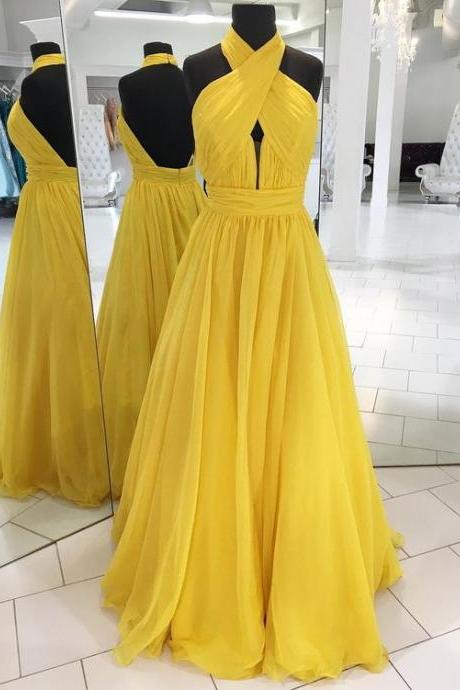 High Neck, Backless ,yellow Long ,backless,,sexy,prom Dress ,evening Gowns