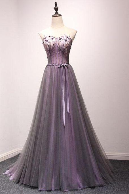Purple Tulle Sweetheart Neck Long Prom Dress, Evening Dress ,applique ,custom Made ,evening Gowns