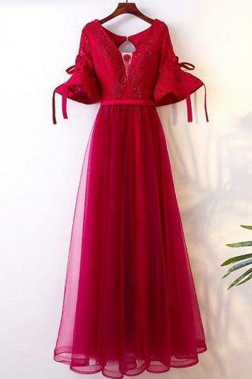 Red Tulle Sweetheart Neck Long Prom Dress, Evening Dress , Middle Sleeves,custom Made ,evening Gowns