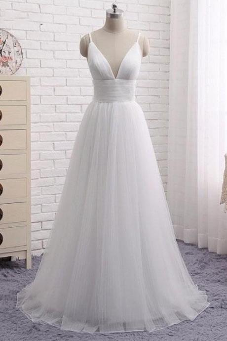 Simple White, V Neck Long Prom Dress, White Evening Dress,floor-length Prom Dresses ,evening Gowns