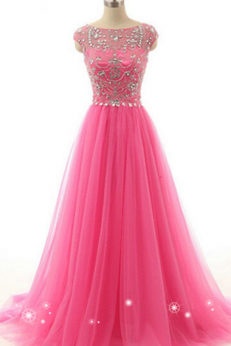 Prom Dress, Long Prom Dress, Prom Dress, Pink Tulle Beading Long Prom Dress, Sleeveless Tulle Prom Dress, Prom Dress , Evening Dress, Party