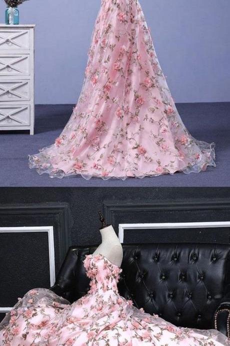 Pink Prom Dresses, A-line Sweetheart,sweep Train ,floral Print ,long Lace Prom Dress ,sexy Prom Dress, Long Evening Dress