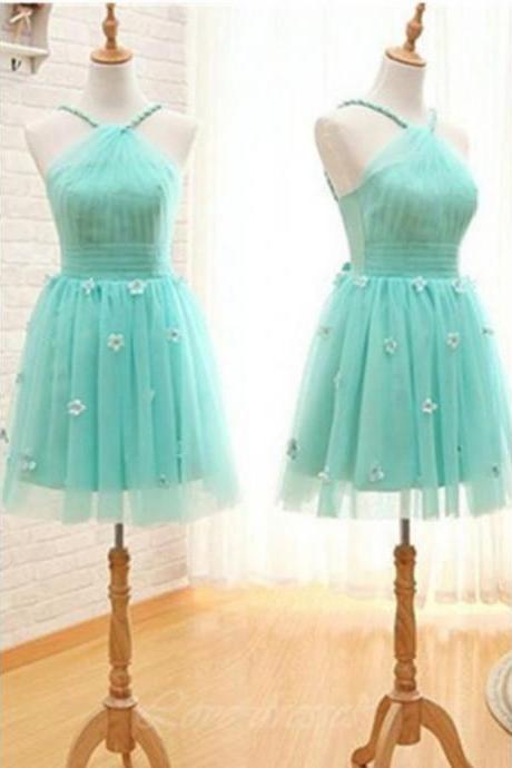 Halter Homecoming Dresses, Light Blue Short Homecoming Dresses, A-line Short Handmade Teal Tulle, Open Back Homecoming Dresses With Appliques